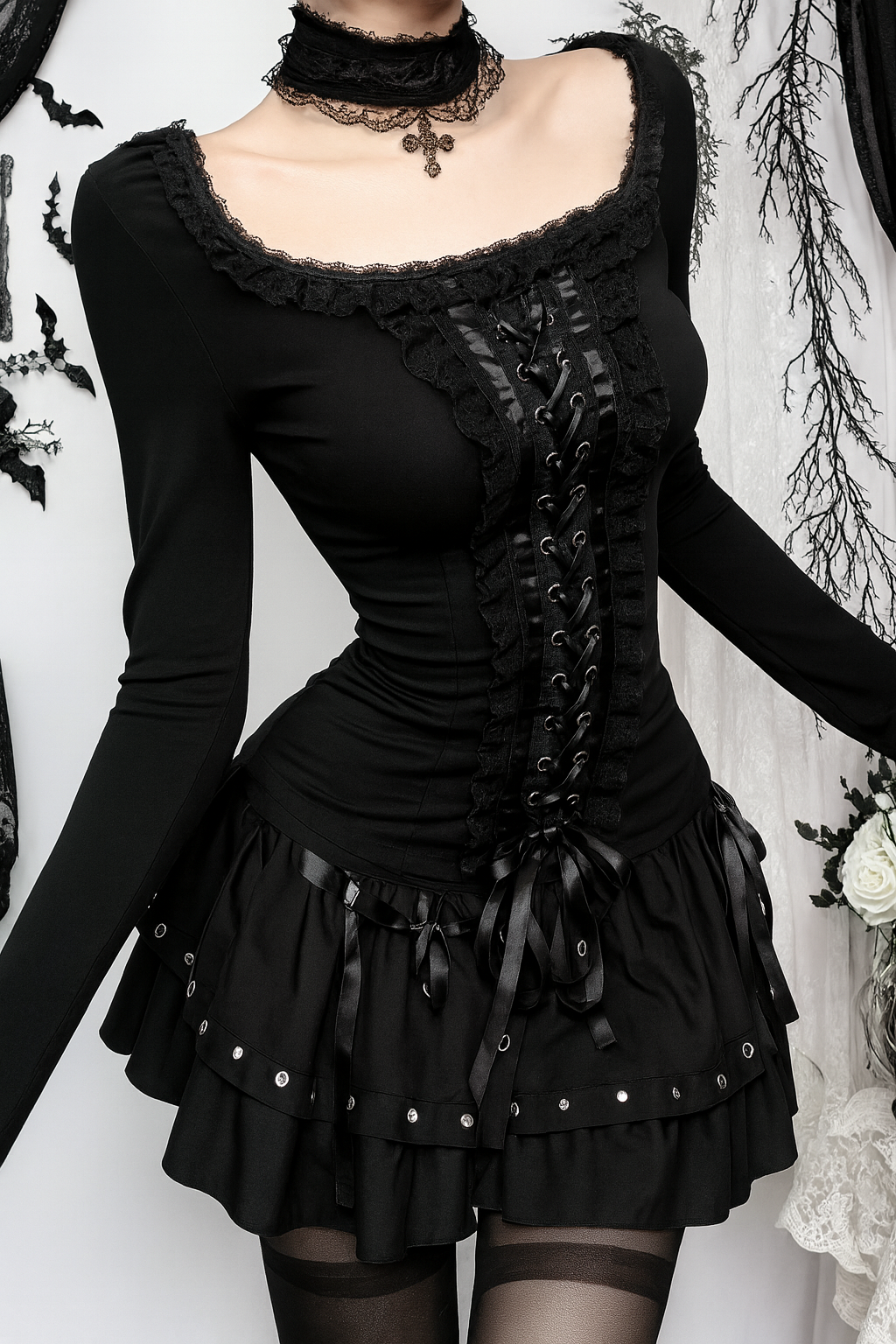 Vesper Lace-Trim Long Sleeve Top β Black