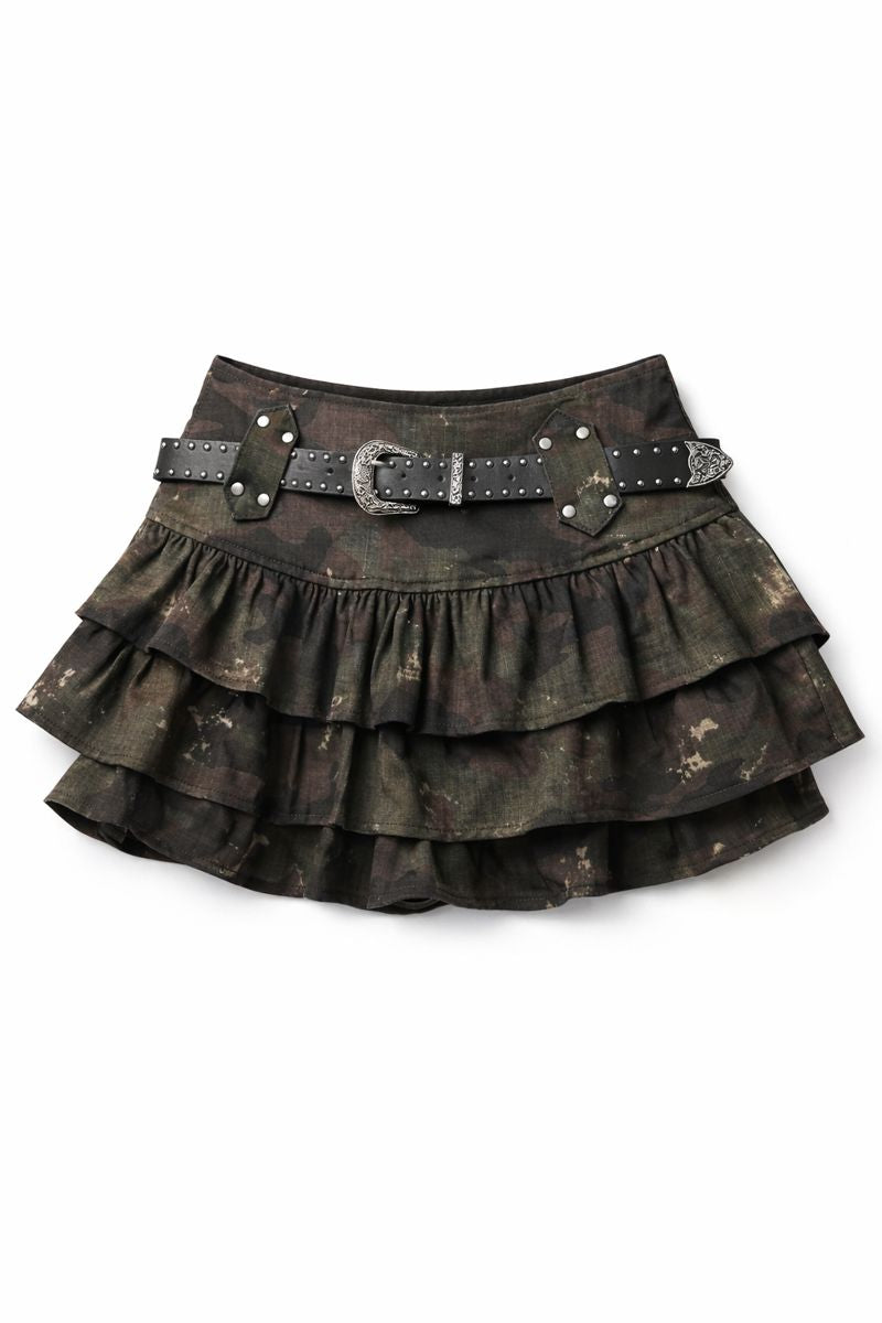 Camo Belted Tiered Mini Skirt