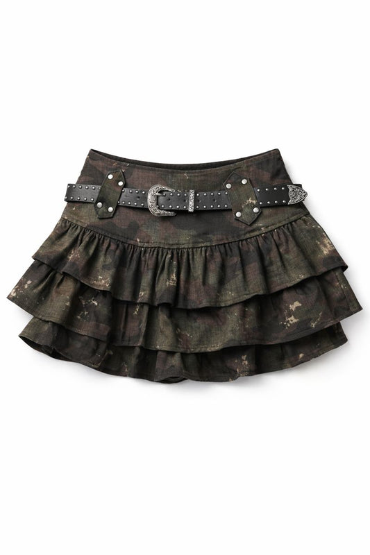 Camo Belted Tiered Mini Skirt