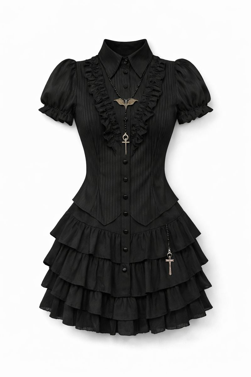 Midnight Ruffle Lace-Up Blouse – Black