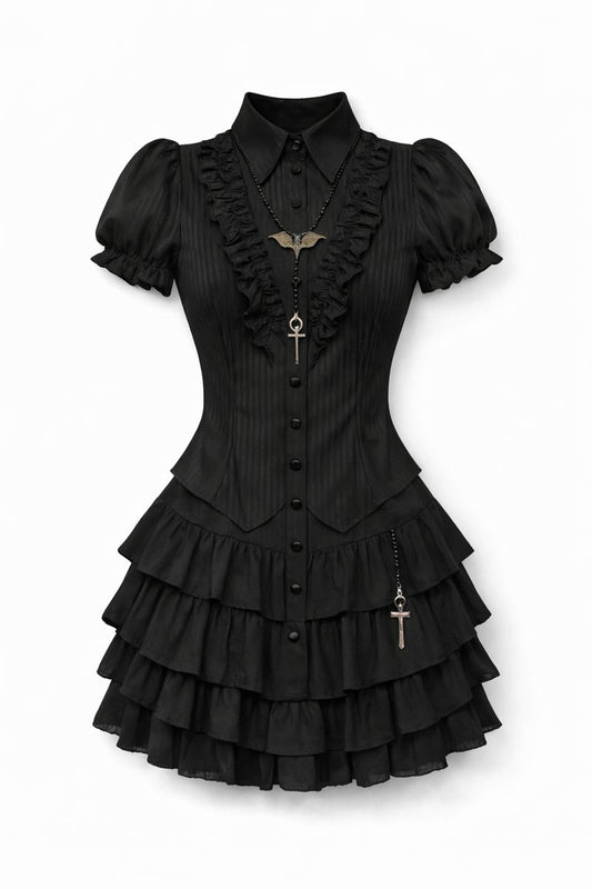 Midnight Ruffle Lace-Up Blouse – Black