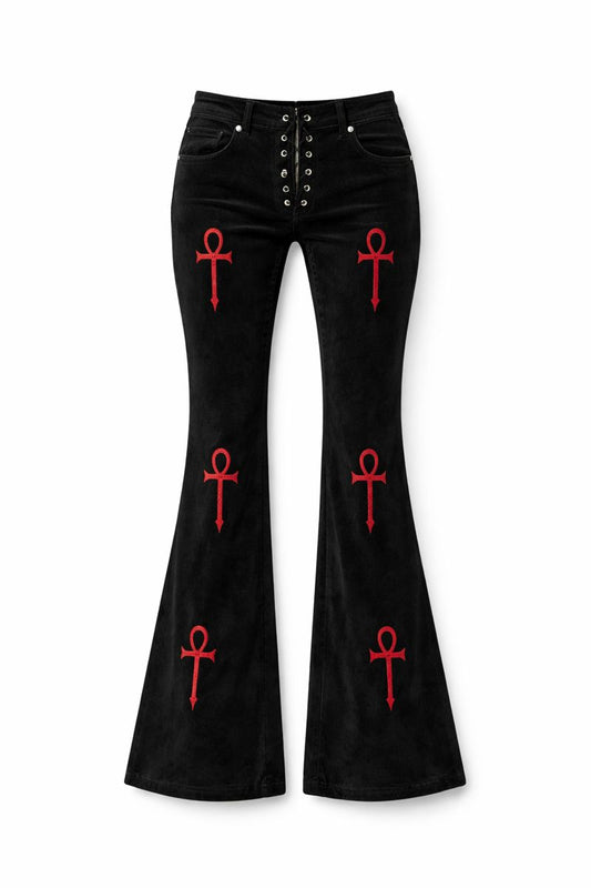 Shadow Emblem Velvet Flare Pants – Black