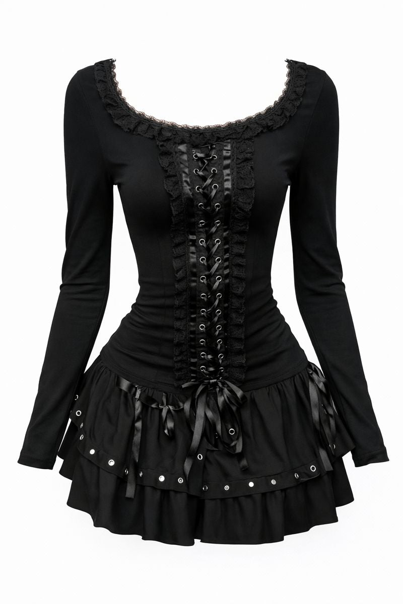 Vesper Lace-Trim Long Sleeve Top – Black