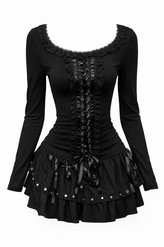 Vesper Lace-Trim Long Sleeve Top – Black