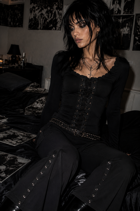 Vesper Lace-Trim Long Sleeve Top – Black
